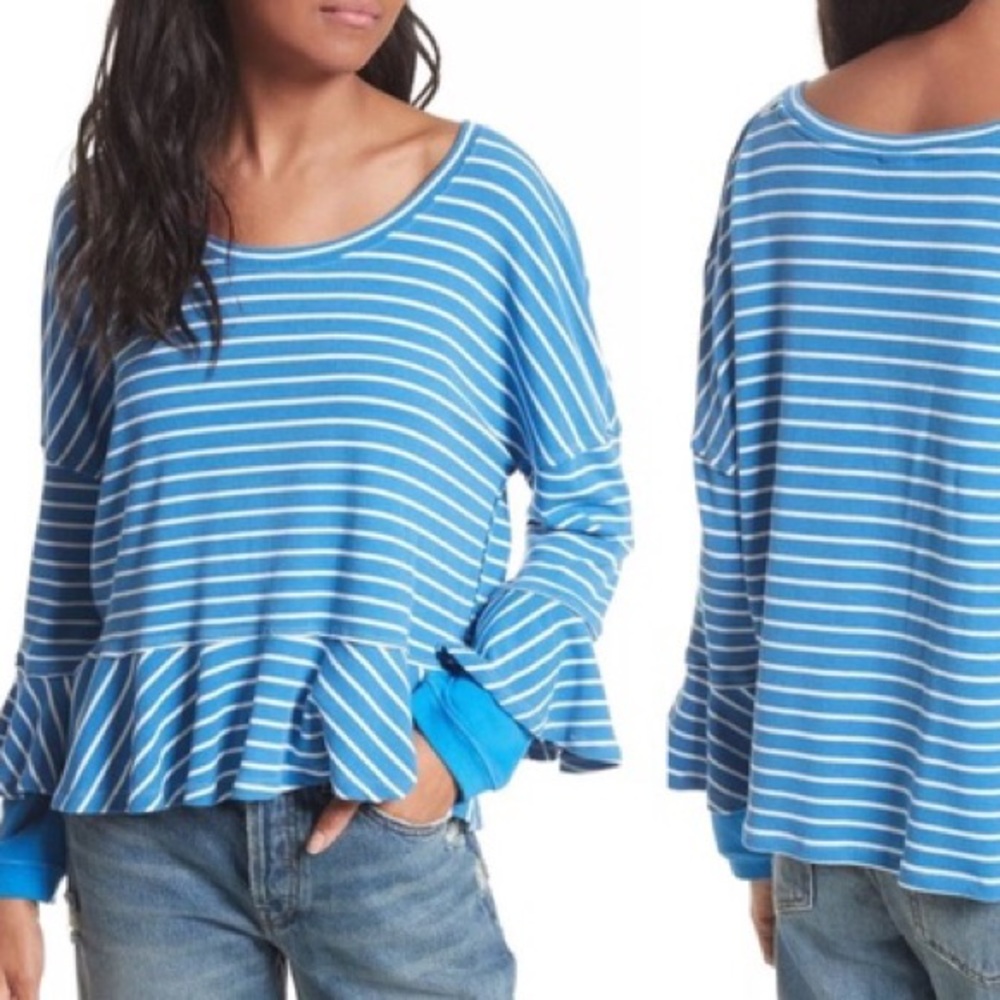 Free People | Blue & White Striped Ruffle Peplum